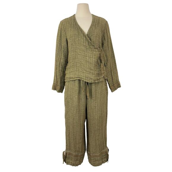FLAX Linen Matching Set Wrap Top and Pants Olive Green M - Picture 1 of 13
